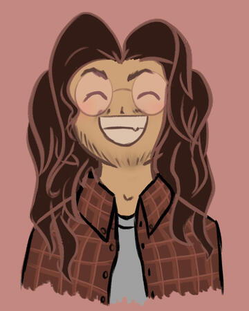 A drawing of my friend Gray! He is smiling at the camera. He's got brown wavy hair, round thin-framed glasses, tanned skin, a little bit of facial hair around the mustache and beard area. He's wearing a dusty orange flannel shirt with a warm grey undershir