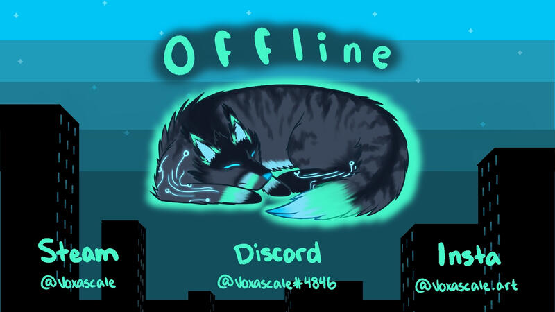 This is my offline screen for Twitch! It shows my wolf character curled into a ball asleep, the word 'Offline' hovering above him, and below him are my Steam, Discord, and Instagram tags.